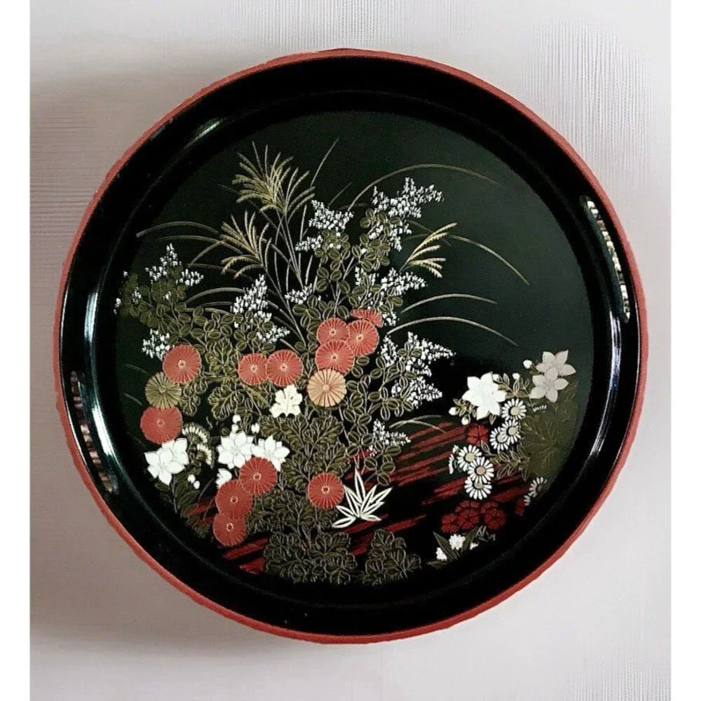 VINTAGE JAPANESE YAMANAKA LACQUERWARE CHRYSANTHEMUM ROUND SERVING TRAY 12.5
